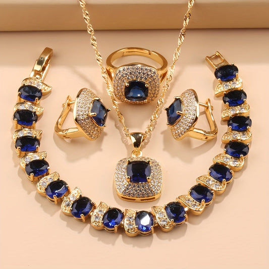 Elegant French-Style 5-Piece Jewelry Set - 18K Golden Plated Copper with Synthetic Stones, Square zirconia Mosaic - Includes Earrings, Rings, Pendant Necklace, Bracelet - Versatile for Daily Wear & Parties, Ideal Thanksgiving SHOWLU FASHION STORE