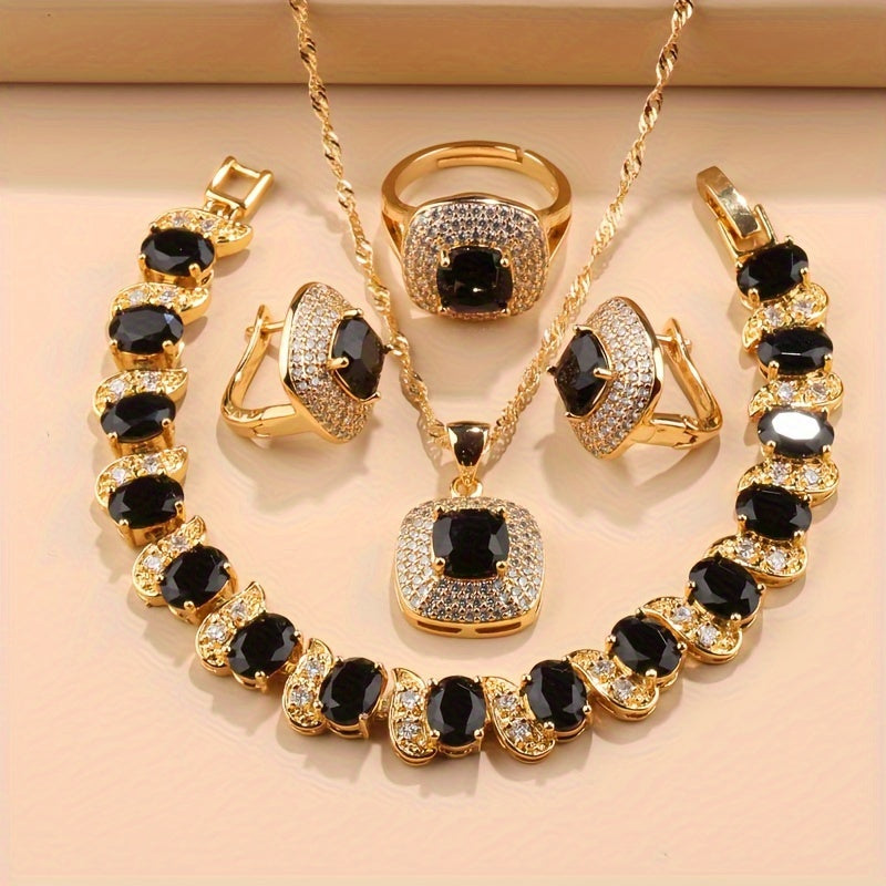 Elegant French-Style 5-Piece Jewelry Set - 18K Golden Plated Copper with Synthetic Stones, Square zirconia Mosaic - Includes Earrings, Rings, Pendant Necklace, Bracelet - Versatile for Daily Wear & Parties, Ideal Thanksgiving SHOWLU FASHION STORE