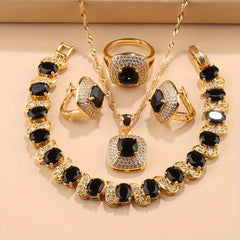 Elegant French-Style 5-Piece Jewelry Set - 18K Golden Plated Copper with Synthetic Stones, Square zirconia Mosaic - Includes Earrings, Rings, Pendant Necklace, Bracelet - Versatile for Daily Wear & Parties, Ideal Thanksgiving SHOWLU FASHION STORE