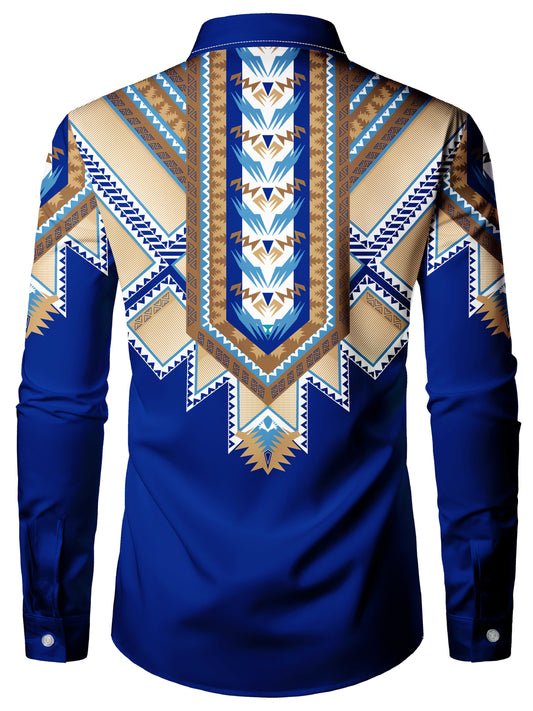 Men's Stylish Blue Geometric Print Long Sleeve Button-Up Shirt - Polyester, Machine Washable, All-Season Comfort Fit with Unique Chevron Patterns SHOWLU FASHION STORE