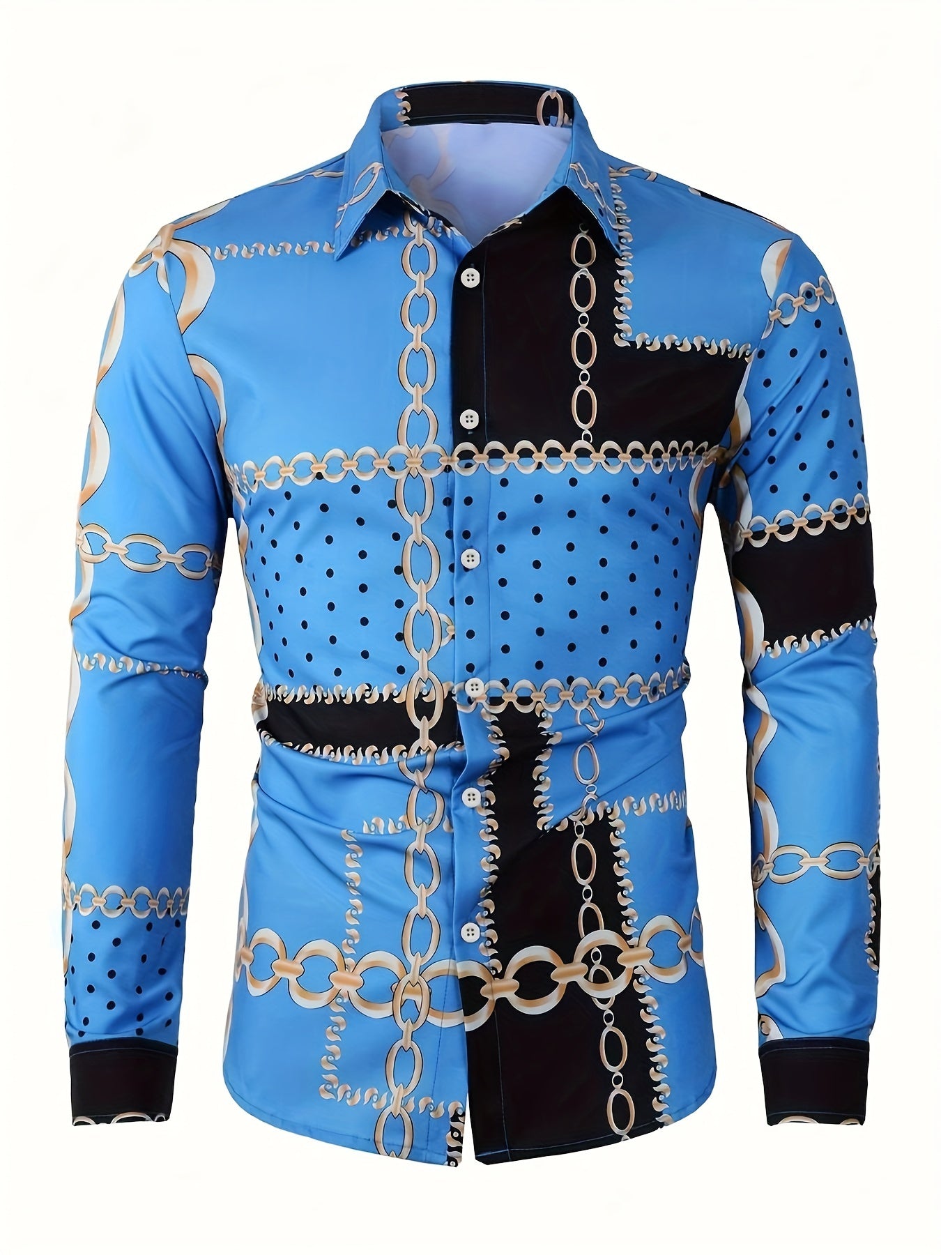 Men's Color Block Chains Graphic Print Shirt, Casual Lapel Button Up Long Sleeve Shirt For Spring Fall Outdoor Activities Party Gift SHOWLU FASHION STORE