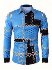 Men's Color Block Chains Graphic Print Shirt, Casual Lapel Button Up Long Sleeve Shirt For Spring Fall Outdoor Activities Party Gift SHOWLU FASHION STORE