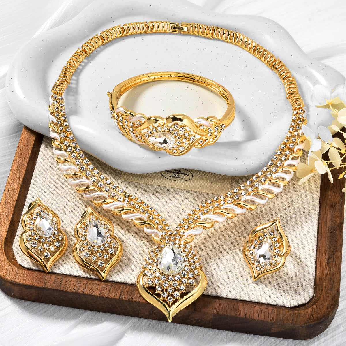 1 Set Elegant Copper Jewelry for Women - Luxury Teardrop Pendant Necklace, Bracelet, Ring, and Earrings with Synthetic Zirconia - Middle Eastern Style for Wedding, Party, Ramadan - All-Season Gift Set SHOWLU FASHION STORE