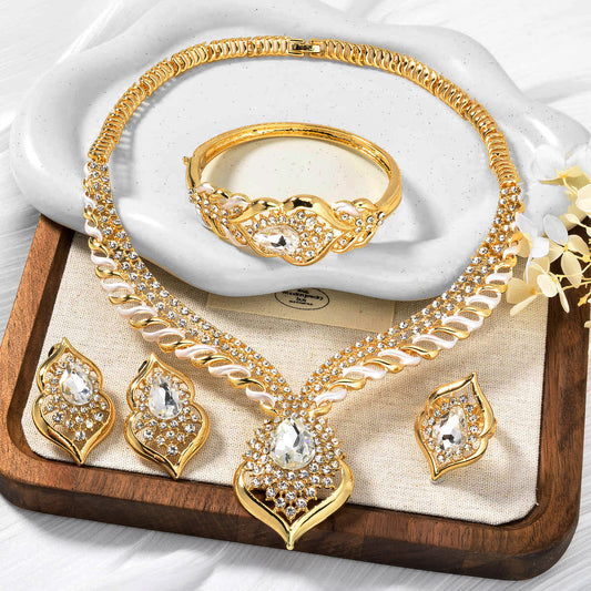 1 Set Elegant Copper Jewelry for Women - Luxury Teardrop Pendant Necklace, Bracelet, Ring, and Earrings with Synthetic Zirconia - Middle Eastern Style for Wedding, Party, Ramadan - All-Season Gift Set SHOWLU FASHION STORE