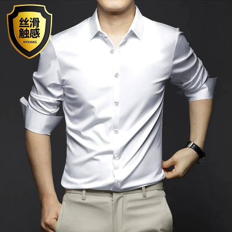 6XL Large High Quality Formal Dress Autumn and Winter Men's Long Sleeve Pure White Shirt Non iron Business Casual Ice Silk - SHOWLU FASHION STORE