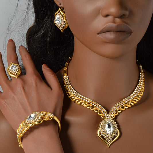 1 Set Elegant Copper Jewelry for Women - Luxury Teardrop Pendant Necklace, Bracelet, Ring, and Earrings with Synthetic Zirconia - Middle Eastern Style for Wedding, Party, Ramadan - All-Season Gift Set SHOWLU FASHION STORE