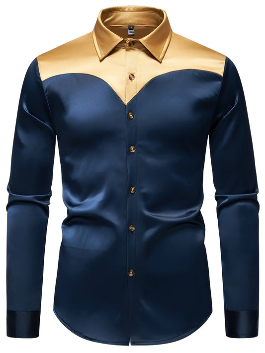Men'S Silky Smooth Color Block Long Sleeve Button-Up Shirt - Black with Golden Accents, Casual Lapel Style, Polyester Blend, Perfect for All Seasons SHOWLU FASHION STORE