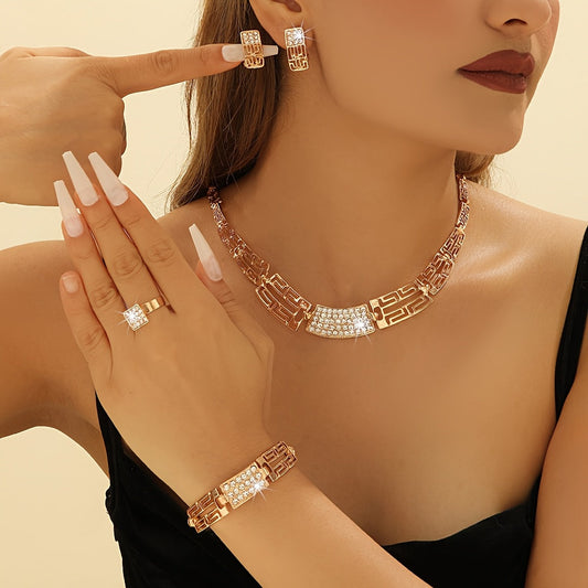 5pcs Vintage Boho Jewelry Set for Women, Rhinestone-Encrusted Alloy Necklace, Earrings, Ring, and Bracelet, Fashion Luxe Accessories for Daily Wear SHOWLU FASHION STORE