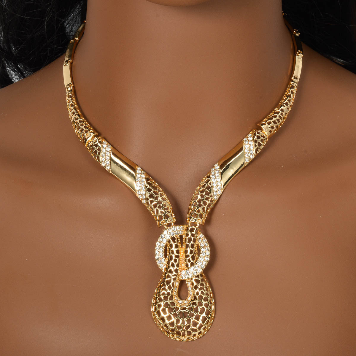 Middle Eastern Fashion Retro Men's and Women's Copper Jewelry Set Unique Curved Hollow Y-shaped Glitter Necklace + Bracelet + Earrings + Ring Suitable for Ramadan Gift SHOWLU FASHION STORE