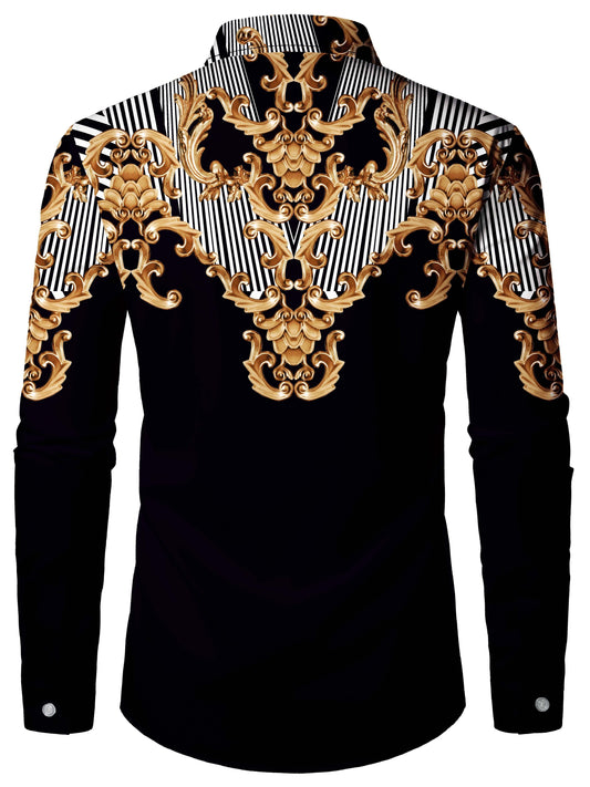 Baroque Style Vintage Pattern Men's Color Block Long Sleeve Button Up Shirt, Spring Fall Banquet Occasions SHOWLU FASHION STORE