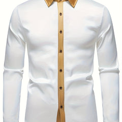Men'S Casual Lapel Collar Color Block Long Sleeve Shirt Polyester Slight Stretch Button Shirt for Adult SHOWLU FASHION STORE