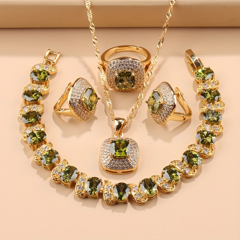 Elegant French-Style 5-Piece Jewelry Set - 18K Golden Plated Copper with Synthetic Stones, Square zirconia Mosaic - Includes Earrings, Rings, Pendant Necklace, Bracelet - Versatile for Daily Wear & Parties, Ideal Thanksgiving SHOWLU FASHION STORE