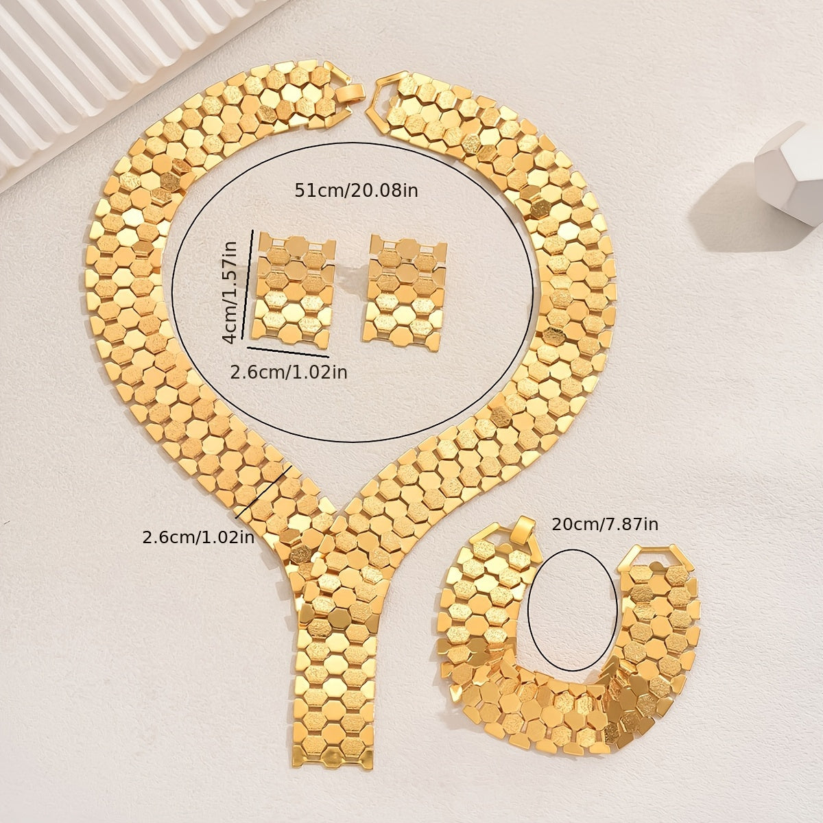 Four-piece set of gold-plated iron luxury exaggerated wide face hollow geometric rhombus grid necklace, earrings and bracelet set suitable for Women's banquet and wedding wear SHOWLU FASHION STORE