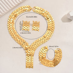 Four-piece set of gold-plated iron luxury exaggerated wide face hollow geometric rhombus grid necklace, earrings and bracelet set suitable for Women's banquet and wedding wear SHOWLU FASHION STORE
