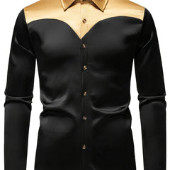 Men'S Silky Smooth Color Block Long Sleeve Button-Up Shirt - Black with Golden Accents, Casual Lapel Style, Polyester Blend, Perfect for All Seasons SHOWLU FASHION STORE
