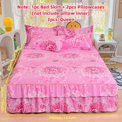 2/3pcs Printing Ruffled Edge Soft Comfortable Breathable Bed Skirt Set (Bed Skirt *1+ Pillowcase*1/2, Without Core) Multiple Sizes Available, All-season Availability, Machine Washable, Mattress Cover, Printing Bedding Set, fo SHOWLU FASHION STORE