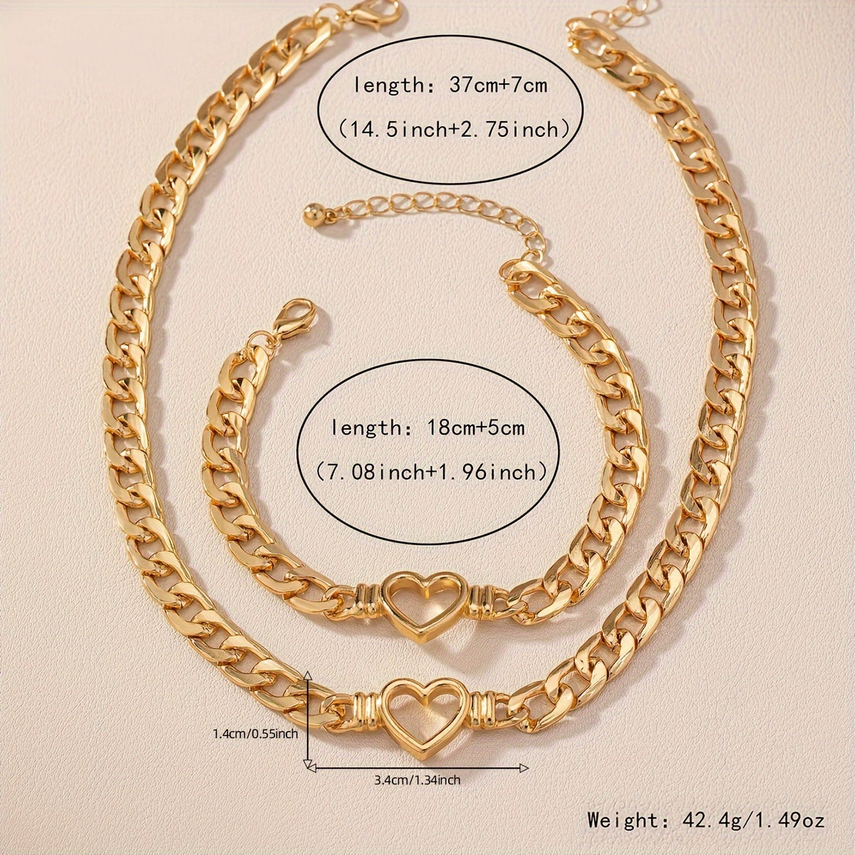 [Durable Build] Elegant Golden-Tone Heart Cutout Choker Necklace and Bracelet Set for Women - Zinc Alloy, Perfect for Daily Wear or Parties SHOWLU FASHION STORE