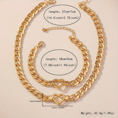 [Durable Build] Elegant Golden-Tone Heart Cutout Choker Necklace and Bracelet Set for Women - Zinc Alloy, Perfect for Daily Wear or Parties SHOWLU FASHION STORE