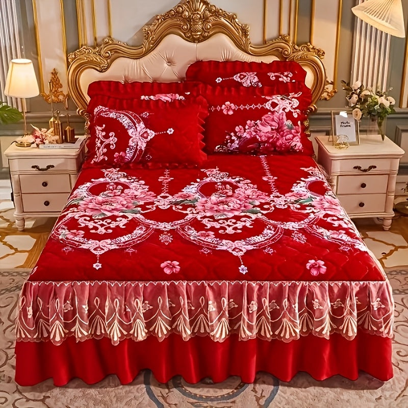 3pcs Luxurious Red Crystal Velvet Bed Skirt Set with Lace Accents, Contemporary Style, Quilted Polyester Cover, Durable & Wrinkle-Resistant, Machine Washable SHOWLU FASHION STORE