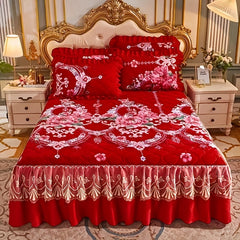 3pcs Luxurious Red Crystal Velvet Bed Skirt Set with Lace Accents, Contemporary Style, Quilted Polyester Cover, Durable & Wrinkle-Resistant, Machine Washable SHOWLU FASHION STORE