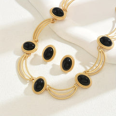 Boho Vacation Style Jewelry Set - 14K Golden Plated Copper with Black Glass Oval Stones - Elegant Vintage Inspired Necklace and Earrings Set for Party Occasions SHOWLU FASHION STORE