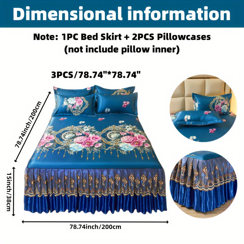 2pcs/3pcs Jacquard Bed Skirt Set with Pillowcases, Lace Hem, Floral Pattern, Soft & Comfortable, Machine Washable, Polyester 100%, Contemporary Style, Woven Fabric, 120g - Single/Double Size Options SHOWLU FASHION STORE