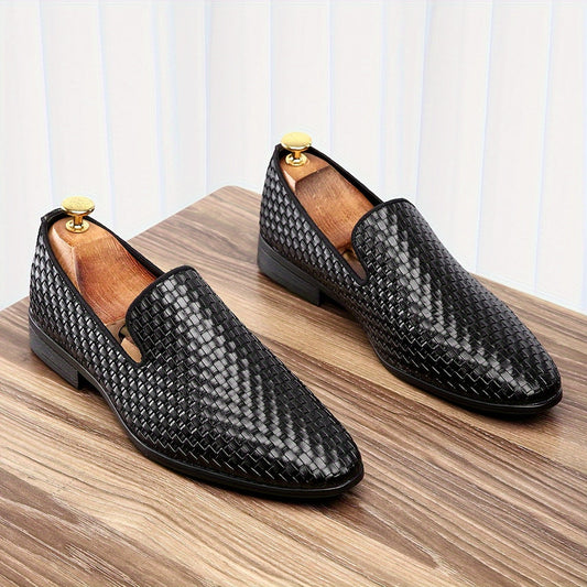 Men's Black & Golden Slip-On Loafers - Woven PU Upper, Rubber Sole, Comfortable Driving Shoes for Casual or Business Wear