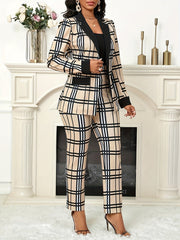 [Geometric Casual Suit] Geometric Pattern Print Casual Suit Jacket and Rubber Band Shrink Waist Trousers Set - European and American Spring and Autumn Style Long Sleeve Patchwork Net Cloth False Bag Lid Open Placket Single Bu SHOWLU FASHION STORE