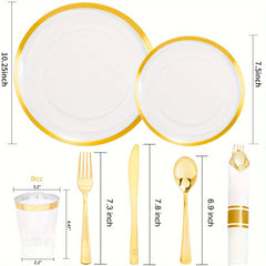840pcs Gold Plastic Dinnerware set Include Wrapped Plastic Gold Silverware, Clear and Gold Plastic Plates, Disposable Cutlery Clear Plates with Gold Trim for Parties, Birthday Gifts 120Guests - SHOWLU FASHION STORE