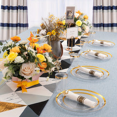 840pcs Gold Plastic Dinnerware set Include Wrapped Plastic Gold Silverware, Clear and Gold Plastic Plates, Disposable Cutlery Clear Plates with Gold Trim for Parties, Birthday Gifts 120Guests - SHOWLU FASHION STORE
