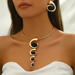 3pcs Chic & Sexy Jewelry Set with Black Acrylic Geometric Spiral/Snail Design - Golden-Tone Zinc Alloy Necklace and Earrings for Daily Wear & Parties SHOWLU FASHION STORE