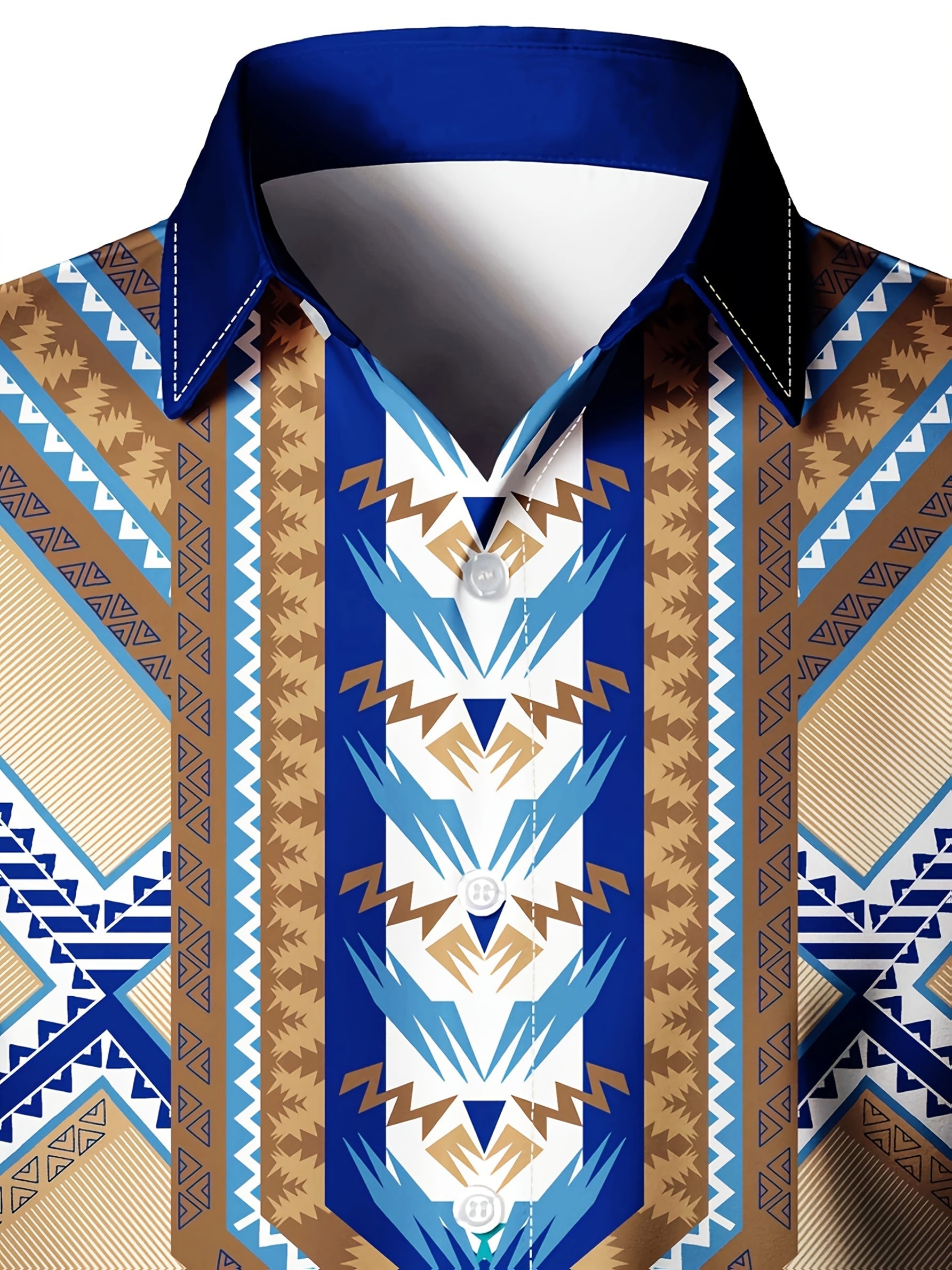 Men's Stylish Blue Geometric Print Long Sleeve Button-Up Shirt - Polyester, Machine Washable, All-Season Comfort Fit with Unique Chevron Patterns SHOWLU FASHION STORE