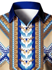 Men's Stylish Blue Geometric Print Long Sleeve Button-Up Shirt - Polyester, Machine Washable, All-Season Comfort Fit with Unique Chevron Patterns SHOWLU FASHION STORE