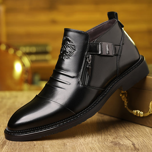 Men's Elegant Black Ankle Boots with Embossed Lion Design - Glossy Finish, Side Zipper & Buckle Straps, Durable PU Material - Perfect for Casual, Hiking & Outdoor Wear in All Seasons