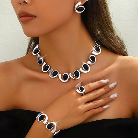 5pcs Elegant Jewelry Set with Black Acrylic Geometric Spiral & Snail Design - Golden-Toned Necklace, Bracelet, Stud Earrings, Ring - Ideal for Daily Wear & Parties, Vintage Jewelry SHOWLU FASHION STORE