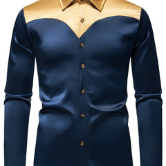 Men'S Silky Smooth Color Block Long Sleeve Button-Up Shirt - Black with Golden Accents, Casual Lapel Style, Polyester Blend, Perfect for All Seasons SHOWLU FASHION STORE