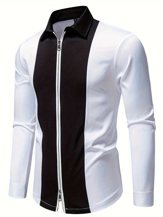 Men'S Casual Lapel Collar Long Sleeve Shirt Polyester Color Block Pattern with Button Details, Slight Stretch Fabric, 140g/m², Regular Fit, All-season, for Adult SHOWLU FASHION STORE