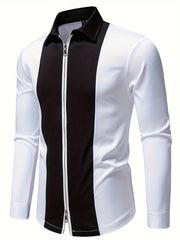 Men'S Casual Lapel Collar Long Sleeve Shirt Polyester Color Block Pattern with Button Details, Slight Stretch Fabric, 140g/m², Regular Fit, All-season, for Adult SHOWLU FASHION STORE