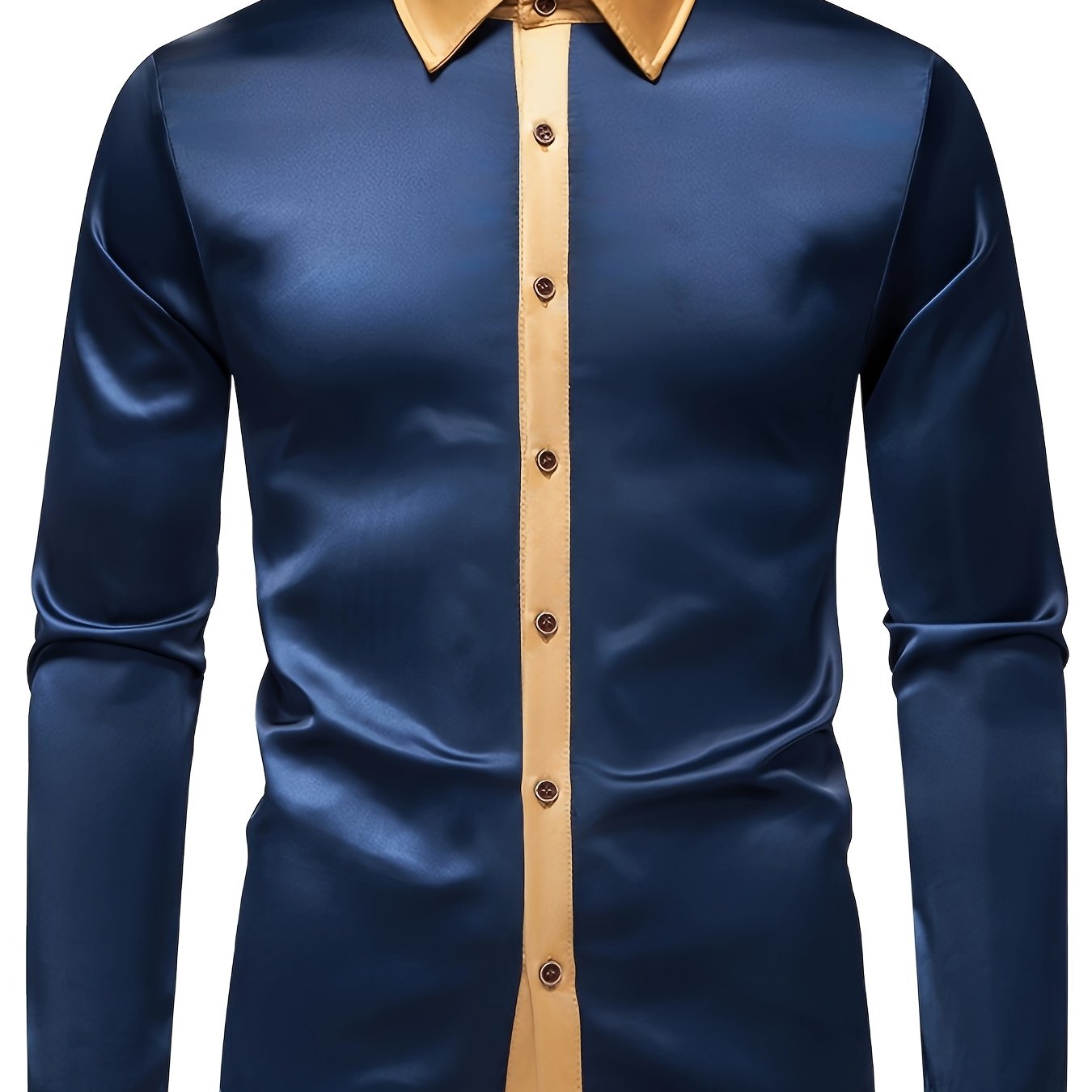 Men'S Casual Lapel Collar Color Block Long Sleeve Shirt Polyester Slight Stretch Button Shirt for Adult SHOWLU FASHION STORE