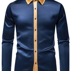 Men'S Casual Lapel Collar Color Block Long Sleeve Shirt Polyester Slight Stretch Button Shirt for Adult SHOWLU FASHION STORE