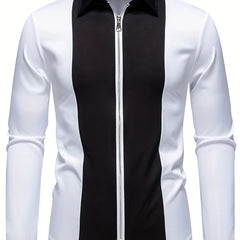 Men'S Casual Lapel Collar Long Sleeve Shirt Polyester Color Block Pattern with Button Details, Slight Stretch Fabric, 140g/m², Regular Fit, All-season, for Adult SHOWLU FASHION STORE