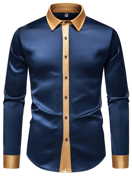 Men'S Casual Lapel Collar Color Block Long Sleeve Shirt Polyester Slight Stretch Button Shirt for Adult SHOWLU FASHION STORE