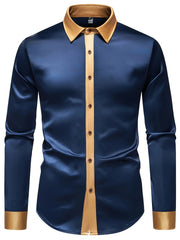 Men'S Casual Lapel Collar Color Block Long Sleeve Shirt Polyester Slight Stretch Button Shirt for Adult SHOWLU FASHION STORE