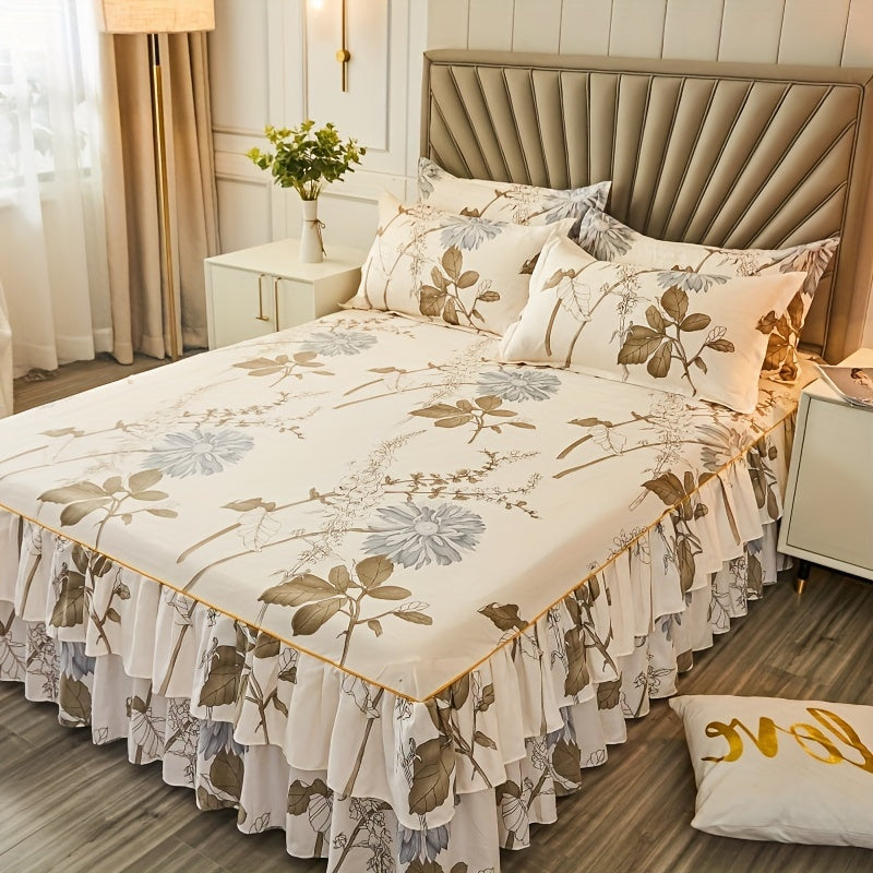 2/3pcs (Two/Three Piece Set) New Style Printed Ruffled Soft And Comfortable Breathable Bed Skirt (Includes One Bed Skirt And One/Two Pillowcases, Pillow Core Not Included) Bed Skirt, Bed Cover, Bed Set, Mattress Protector, Ma SHOWLU FASHION STORE
