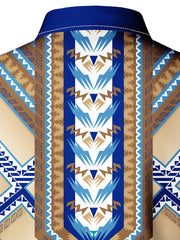 Men's Stylish Blue Geometric Print Long Sleeve Button-Up Shirt - Polyester, Machine Washable, All-Season Comfort Fit with Unique Chevron Patterns SHOWLU FASHION STORE