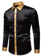 Men'S Casual Lapel Collar Color Block Long Sleeve Shirt Polyester Slight Stretch Button Shirt for Adult SHOWLU FASHION STORE