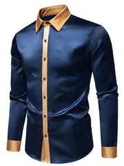Men'S Casual Lapel Collar Color Block Long Sleeve Shirt Polyester Slight Stretch Button Shirt for Adult SHOWLU FASHION STORE