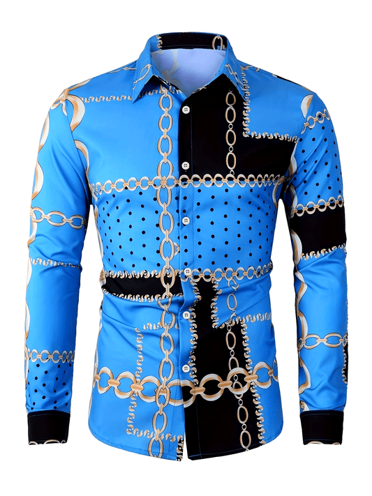 Men's Color Block Chains Graphic Print Shirt, Casual Lapel Button Up Long Sleeve Shirt For Spring Fall Outdoor Activities Party Gift SHOWLU FASHION STORE