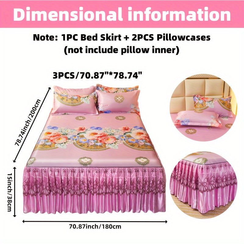 2pcs/3pcs Jacquard Bed Skirt Set with Pillowcases, Lace Hem, Floral Pattern, Soft & Comfortable, Machine Washable, Polyester 100%, Contemporary Style, Woven Fabric, 120g - Single/Double Size Options SHOWLU FASHION STORE