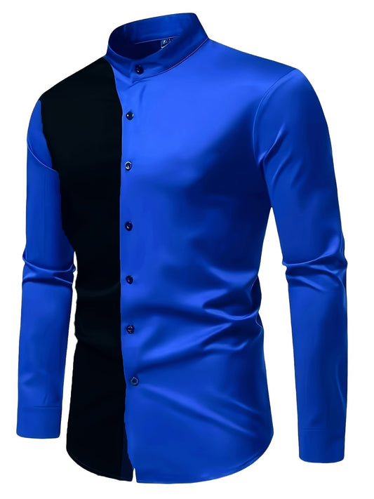 Men's Casual Color Block Mandarin Collar Shirt, 100% Polyester Non-Stretch Woven Fabric, Regular Fit for Spring/Fall - Black & Blue, Autumn Apparel | Qipao Style | Nonstretch Material SHOWLU FASHION STORE